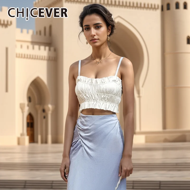 

CHICEVER Backless Sexy Camisole Vests For Women Square Collar Off Shoulder Sleeveless Spliced Folds Solid Crop Tops Female New