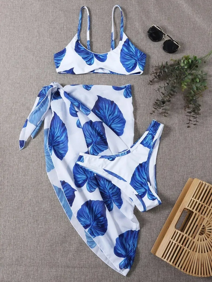 3 Pieces Leaf Print Bikinis 2024 Women & Cover Up Skirt Swimwear Female Sexy Swimsuit Beachwear Bathers Bathing Swimming Suit