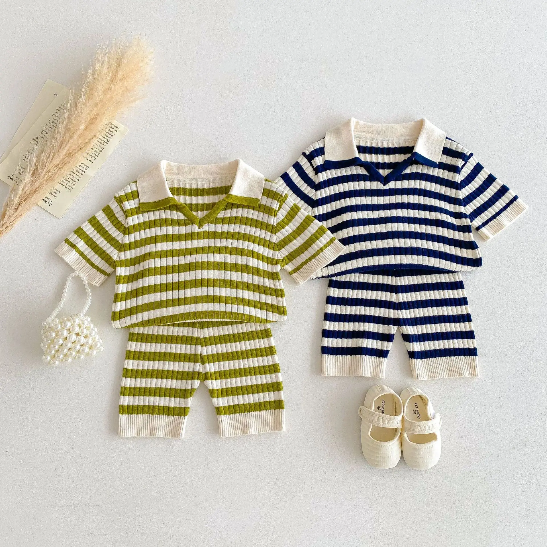 

2025 Summer New Children Short Sleeve Knit Lapel Pullover Set Baby Boy Girl Striped Polo Shirts Suit Kids Casual Shorts Outfits