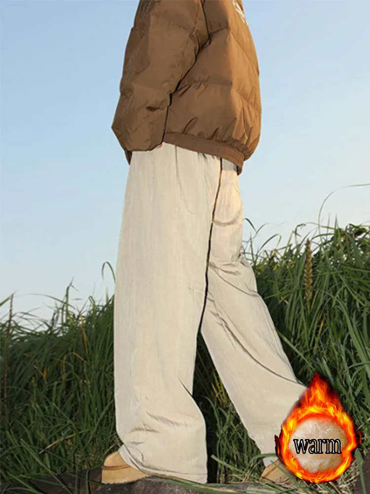 هونج كونج نمط الرجعية بلون السراويل القطنية الحرارية الخريف والشتاء جديد الصوف مبطن سميكة فضفاضة عادية واسعة الساق بنطلون للطالبات