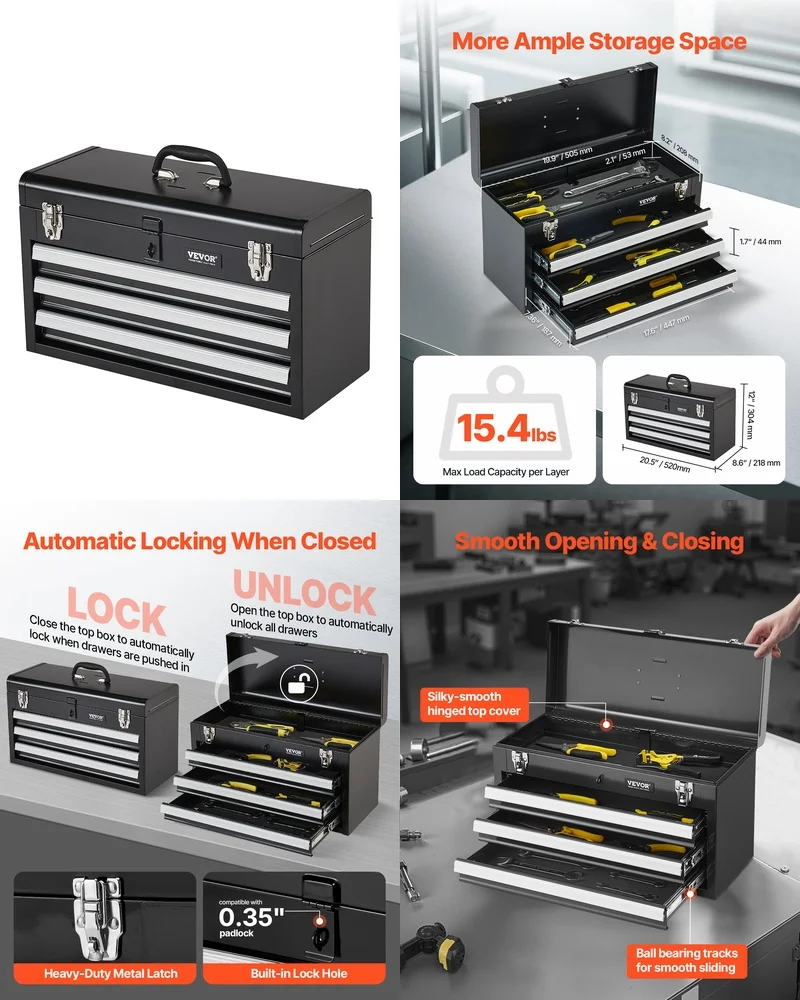 

Tool BoxPortable 20.5 inch Metal Tool Box with 3 Drawers Heavy Duty Tool Organizer for Workshop and Garage Use Durable Black