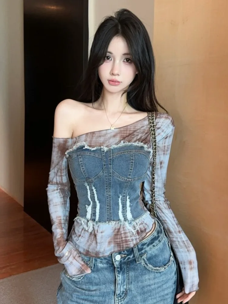 

Spring Summer Slim Fit Denim Patchwork Shoulder T-Shirt Women's Design Sensation Long Sleeve Short Length Sun Protection Cove...