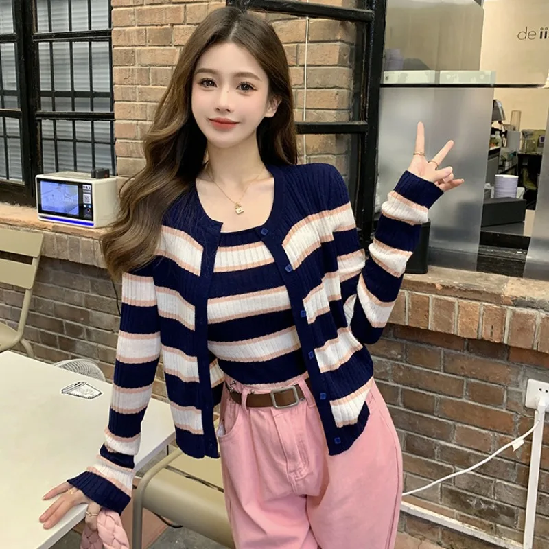 

Women Clothes Spring Autumn Fashion Striped Color Blocking Ladies All-match Appear Thin Pure Desire Wind Long Sleeve Two-piece S