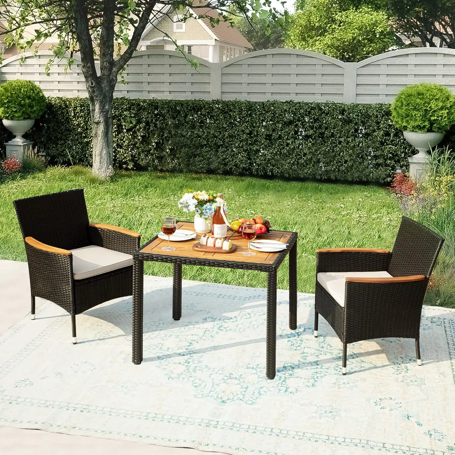 Outdoor Patio Dining Set, 3 Piece Outdoor Patio Furniture, Patio Conversation Set with Acacia Wood Table Top