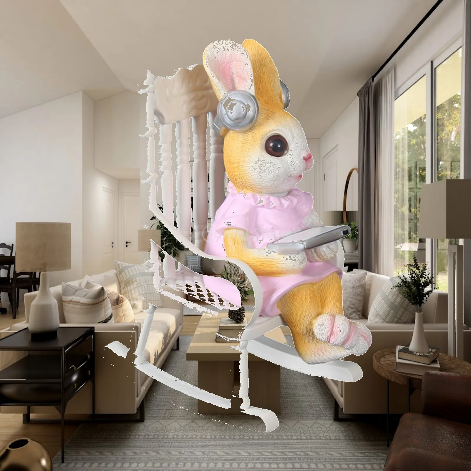 Animal Sculpture Rabbit on Rocking Chair Resin Garden Statue for Patio Lawn Balcony Porch Desktop Table Shelf Home Decor Gift