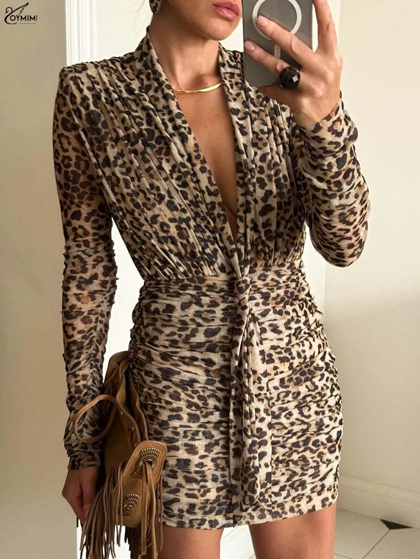 

Oymimi Fashion Brown Print Dresses For Women Sexy New V-Neck Long Sleeve Lace-Up Dresses Elegant High Waisted Mini Dress Female
