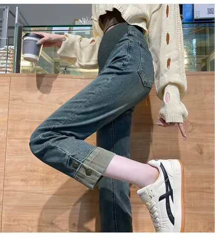 아메리칸 빈티지 캐주얼 봄 가을 느슨한 출산 넓은 다리 바지 간단한 스트레이트 배꼽 지원 데님 긴 청바지