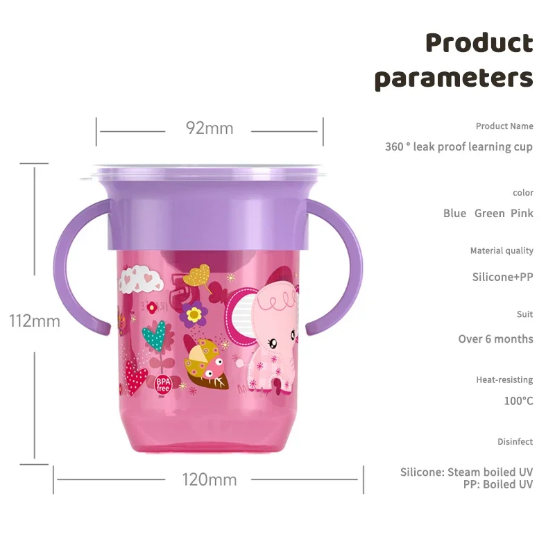 Taza giratoria de dibujos animados para bebé, recipiente de aprendizaje con tapa abatible de doble ASA, a prueba de fugas, sin BPA, 360