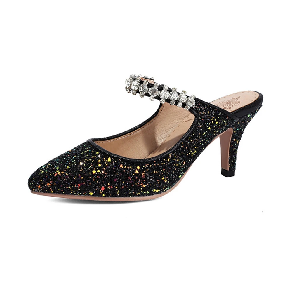 Women Glitter Pointed Toe Mules 8CM Thin Heel Rhinestone Strap Slide Sandals Small Size 34 Plus Size 48 Black Pink White 2618-2