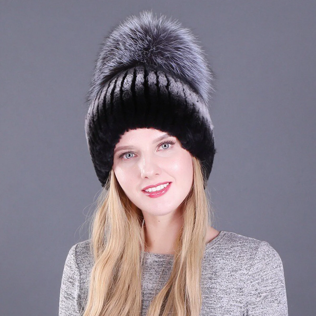 Real Rabbit Fur Earflap Hat Russia Winter Accessories Warm Genuine Fox Fur Ball Bomber Hats For Women FEIMANYUAN