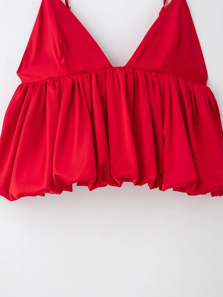 KUCLUT Frauen Mode Rot Plissee Backless A-Line Camis Tops Vintage Dünnen Trägern V-ausschnitt Weibliche Chic Dame Crop Tops