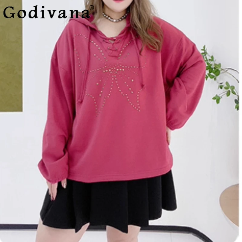 

Plus Size Women Autumn New Age-reducing Bow Hooded Sweatshirt Loose Korean Leisure Versatile Age-reducing Fashion Lace-up Top