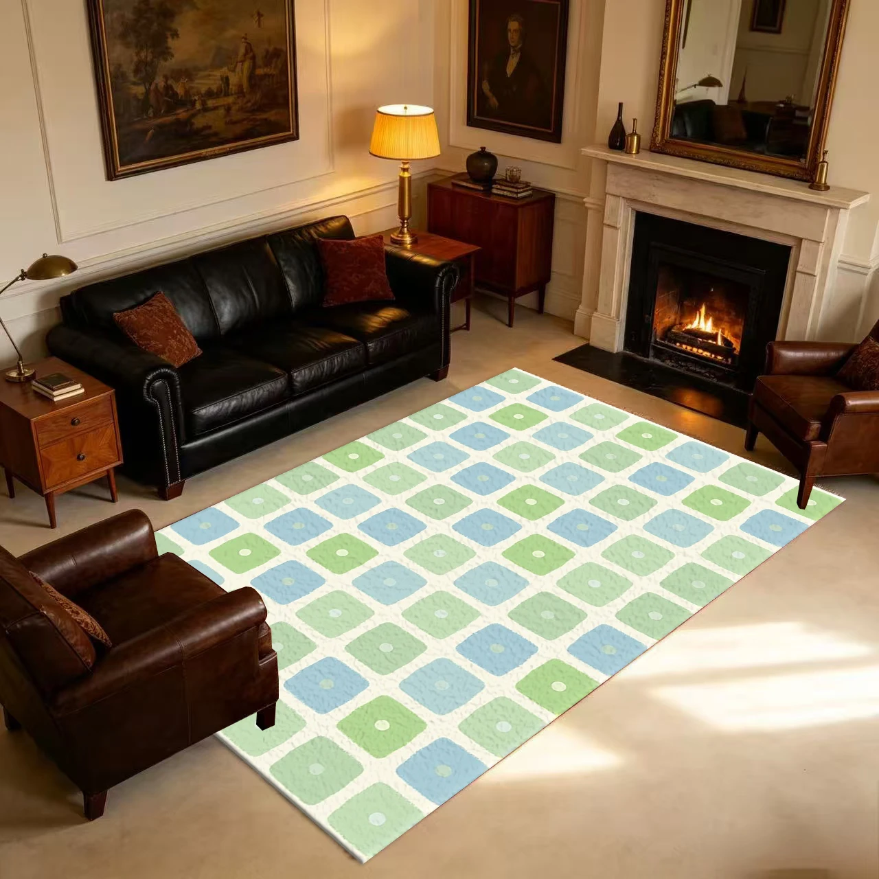 Soft Green-Blue Irregular Square Hand-Painted Geometric Carpet Floor Non-Slip Mat