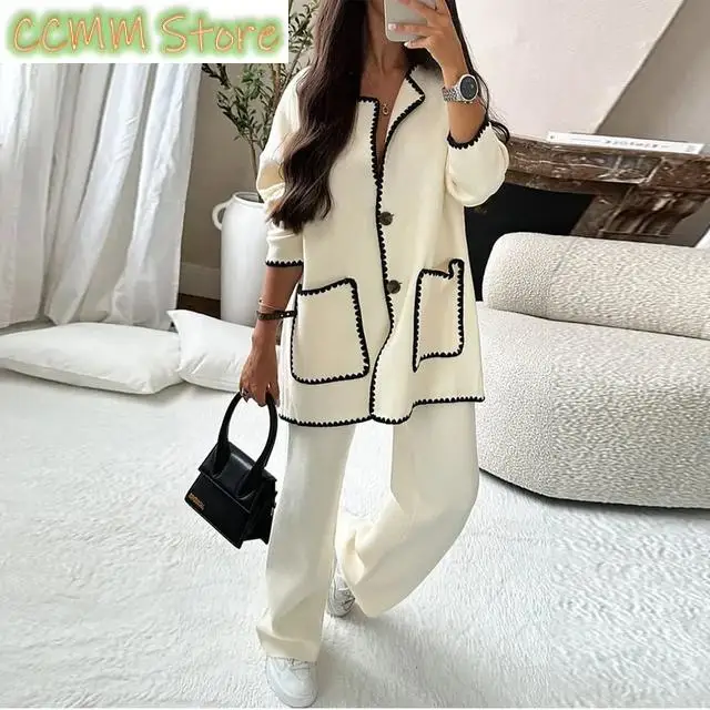 New Women Winter Thick Warm Outwear Outfit Lady Long Sleeve Pocket Coat Drawstring Wide Leg Pant Suit Female Casual 2 Piece Sets