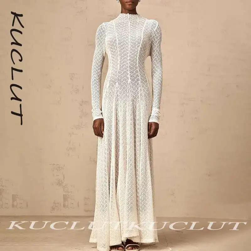 

KUCLUT модное женское однотонное кружевное внутреннее платье с круглым вырезом и длинными рукавами, элегантные вечерние платья, женские K33