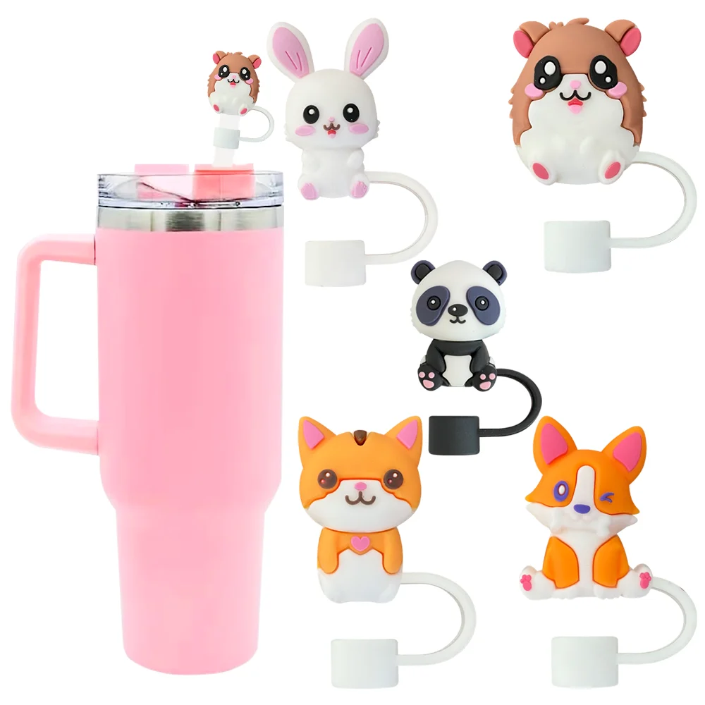 5PCS 10mm Silicone Straw Covers Cap Compatible with Stanley 30&40 Oz Tumbler,Cute Animal Straw Toppers,Reusable Dust-Proof Straw