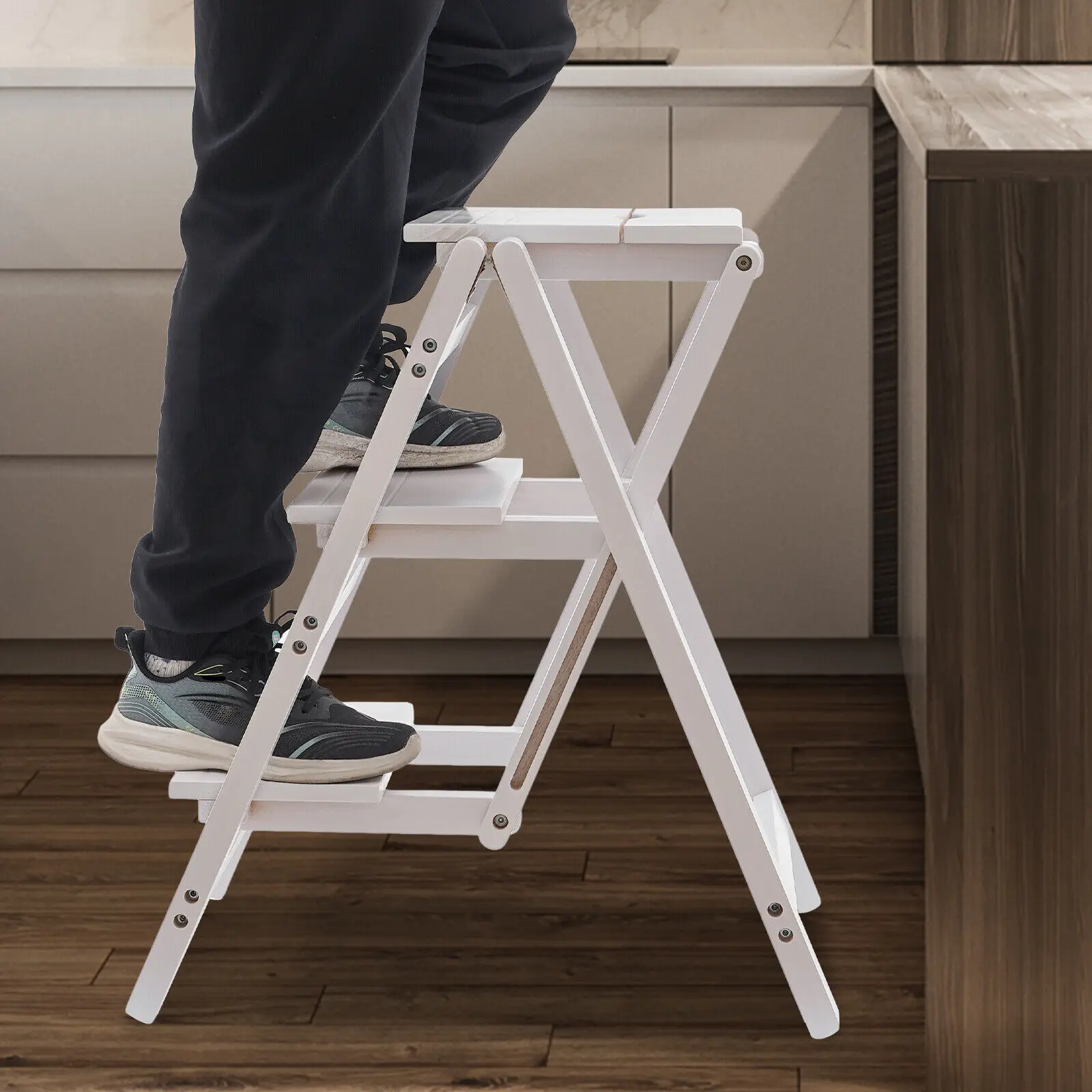 Step Stool for Adults/Step Ladder/Counter Chair, 3-Step Folding Portable Wooden Step Stool, Anti-Slip & Lightweight (White)