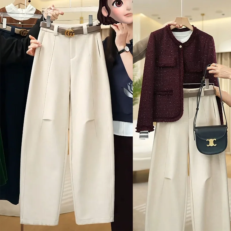 

High Waist Straight Leg Banana Trousers Women's Thiened Woolen Pants Autumn Winter Casual Slimming Knife Trousers