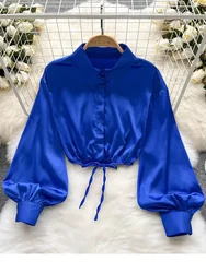 2026 New Temperament Fashion Women's Sexy Satin Shirt Bow Tie Lace Lapel D Lantern Sleeve Slim Short Top UK798