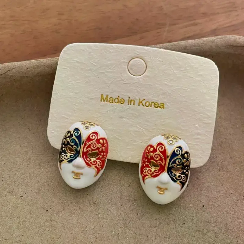 Unique Design Multicolor Enamel Mask Facial Make-up Face Drop Earrings For Women Real Gold Plated Alloy Statement Jewelry