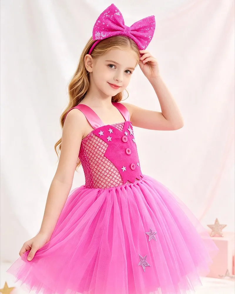 Halloween Girls Hot Pink Star Tutu Dress Western Cowgirl Tulle Dress with Bow Hairband Accessory Kids Carnival Birthday Outfit