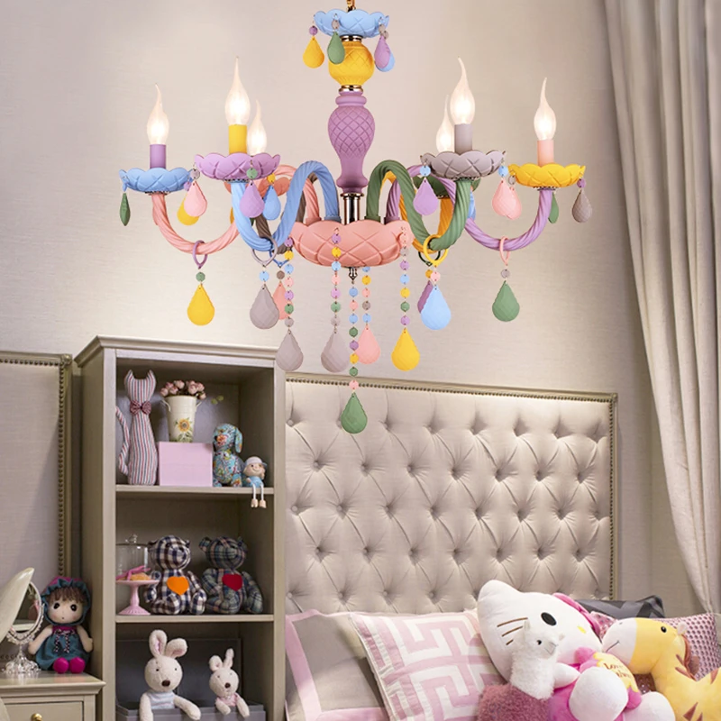 Imagem -04 - Macaron Moderno Colorido Candelabro de Cristal Arco-íris Vela Lustres Americano Menina Princesa Crianças Quarto Luminária Luminárias