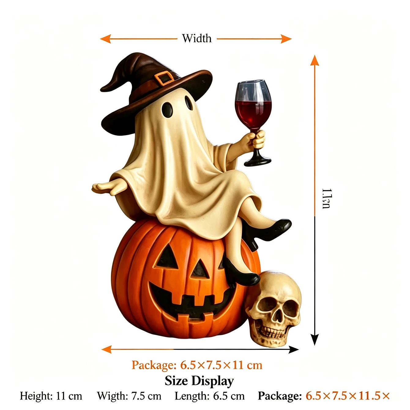 Cute Halloween Ghost Figurine with Witch Hat Wine Glass Resin Statue Home Decor Ornament for Living Room Shelf Tabletop Gift