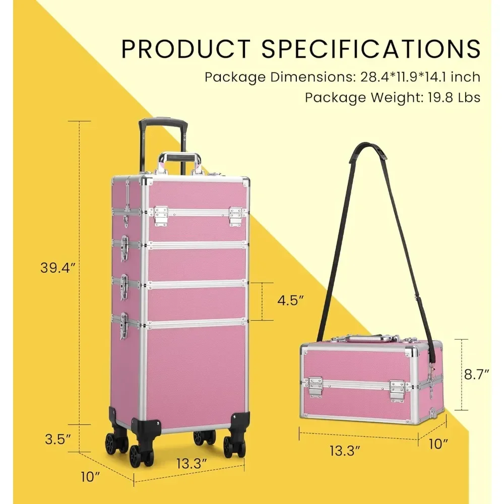 4 in 1 Makeup Rolling Train Case Aluminum Trolley Professional Cosmetic Organizer Box with Shoulder Straps 2 Keys Makeup Case