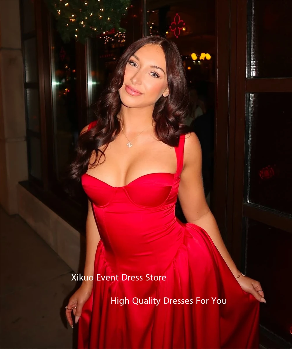 Xikuo Red Satin A Line Evening Dresses Spaghetti Straps Pleated Ankle Length Robes De Soirée Pleated Prom Dresses Customized