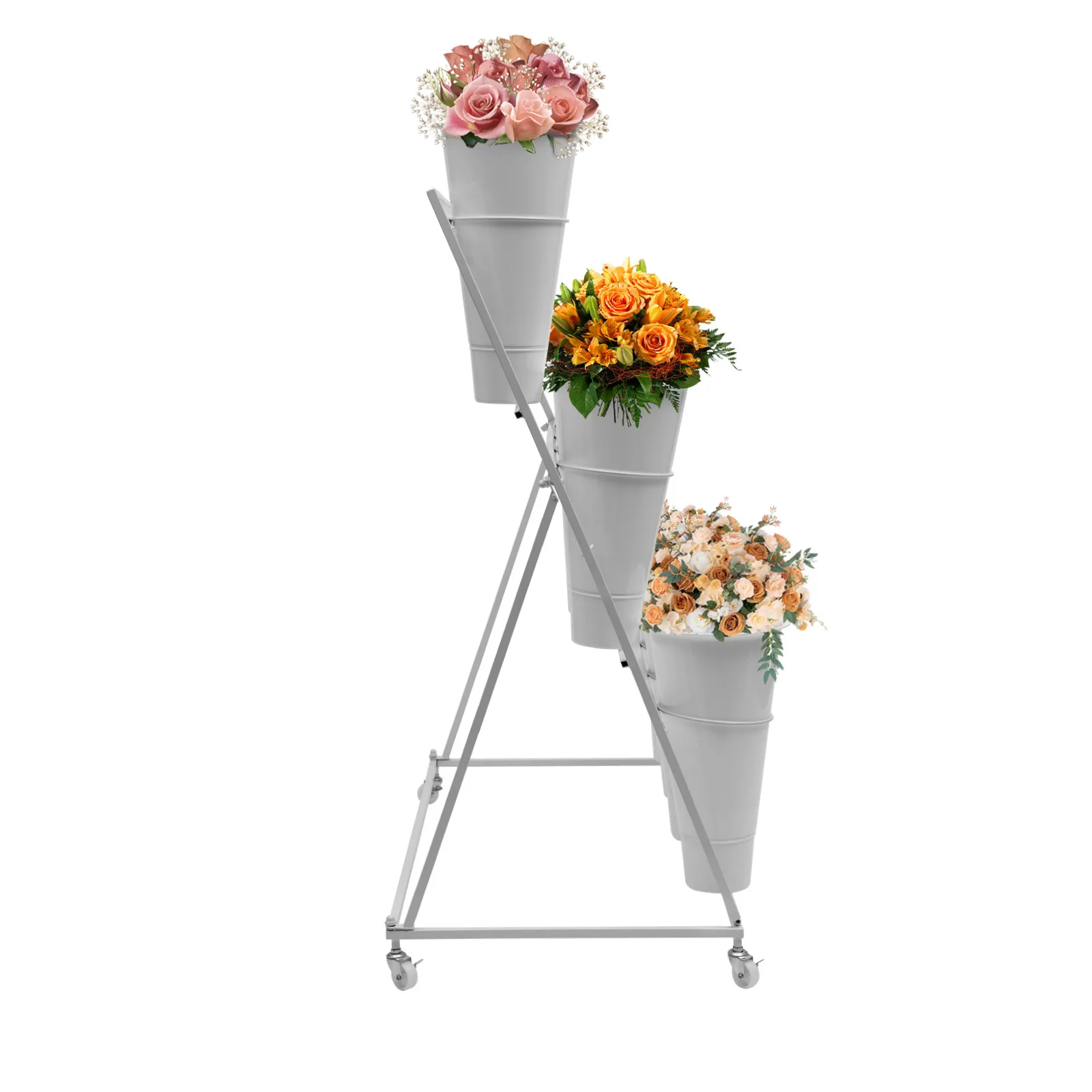 Flower Display Stand - 12 x Buckets White Tapered Bucket / 3 Layers White Metal Plant Stand with Wheels