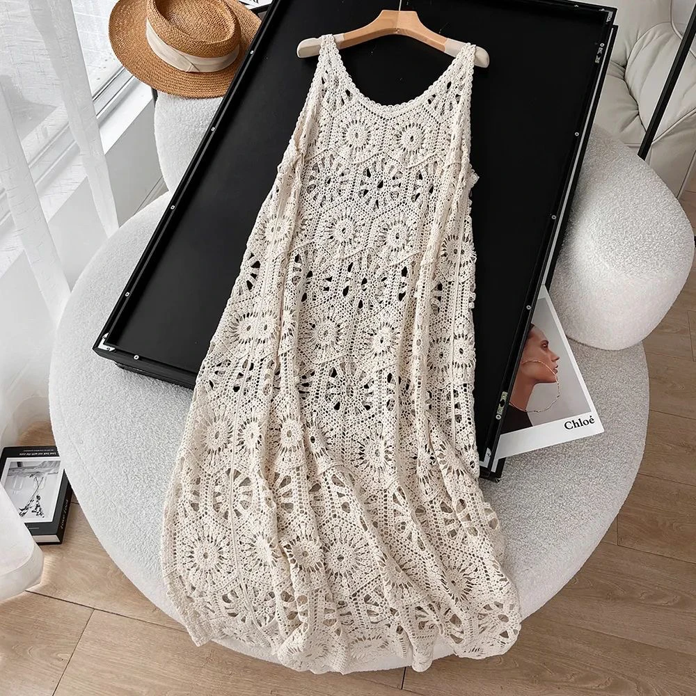 Vestido de Verão com Novo Design em Camadas, Colete e Saia Fena Solta Retro de Malha Vazada sem Alças Estilo Casual Cintu...