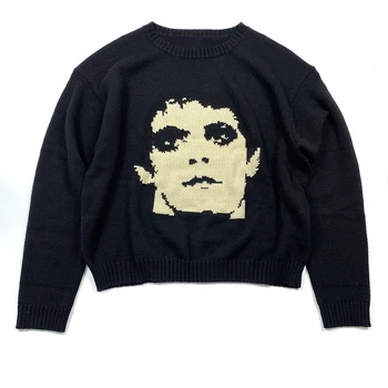 גותי נכחד דיוקן הדפסת סוודרים היפ הופ Streetwear סרוג גדול סוודר גברים חורף Harajuku כותנה סוודר יוניסקס