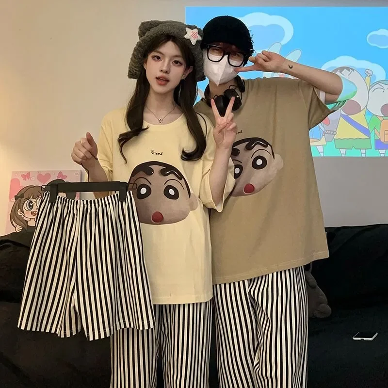 Anime novo crayon shin chan casal pijamas de algodão manga curta calças compridas bonito dos desenhos animados roupas para casa conjunto de três peças presente de aniversário