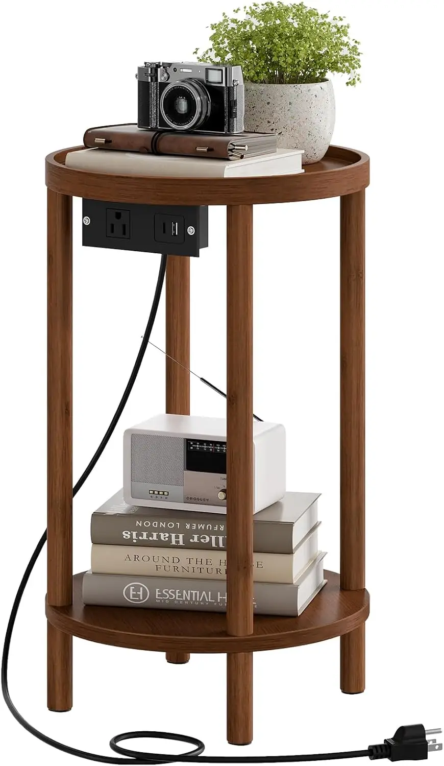 

Small Round Side Table with Charging Station, 2-Tier Round Bamboo End Table, Compact Sofa Bedside Table for Small Space, Easy