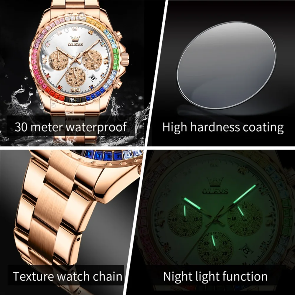 OLEVS NEW Watch Men Colored Diamond Bezel High Quality Stainless steel Waterproof Luxury Date Multifunctional Wristwatch Man