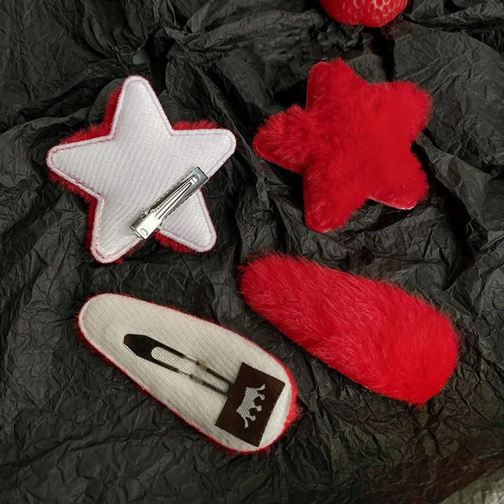 1pair Waterdrop Plush Star Hair Clips Barrettes Korean Style New Year Hairpins Red Color Hair Side Clip Star Duckbill Clips