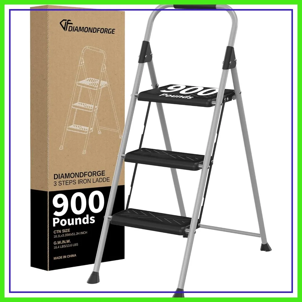 

3-Step Folding Step Stool with Anti-Slip Wide Pedal & Soft Handle, Heavy Duty Steel, 900 lbs Capacity for Home & Office, Grey