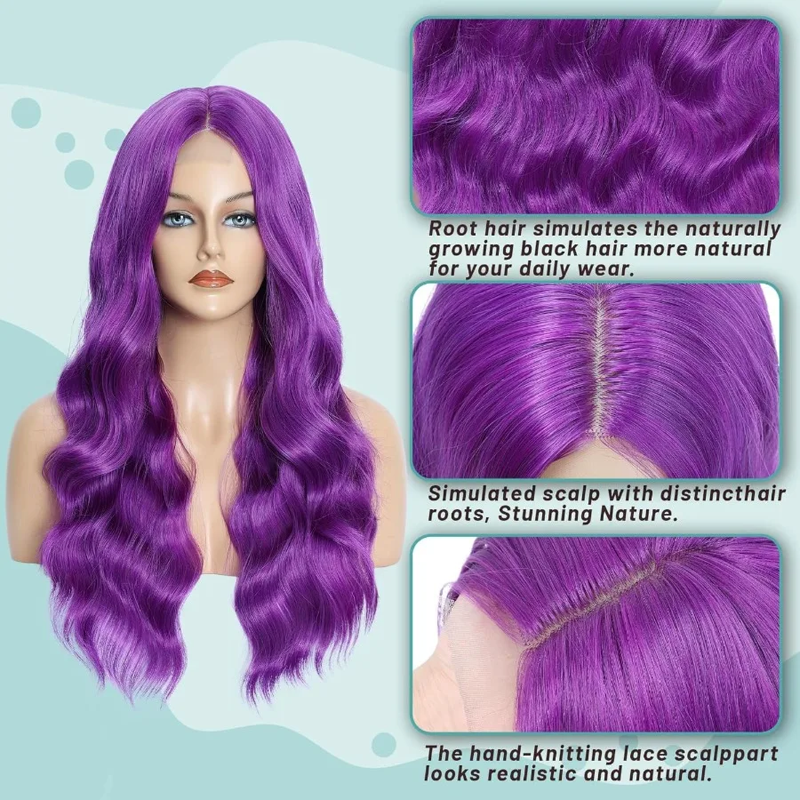 Peruki na Halloween, długie, fioletowe, 66 cm, kręcone peruki dla kobiet, falowane, z przedziałkiem na środku, naturalnie wyglądające, syntetyczne peruki typu lace front do codziennego użytku i cosplayu.
