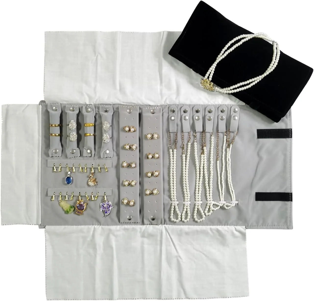 

Portable Jewelry Roll Organizer, Velvet Travel Case with 4 Compartments, Storage for Necklaces, Rings, Earrings, Pendants