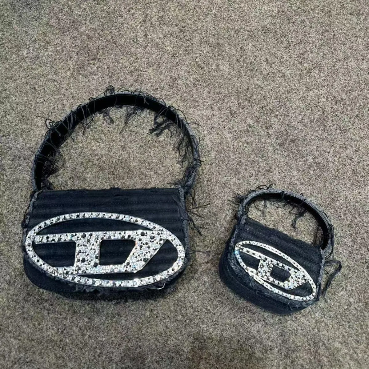 Saddle Bag Distressed - 2 Sizes Black Frayed Denim Mini