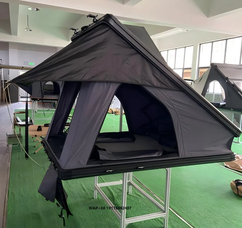 Black Triangle Hard Top Car Roof Tent Eco Color Fastening Mesh Waterproof Poly  Fabric Aluminum Shell Self-drive Camping