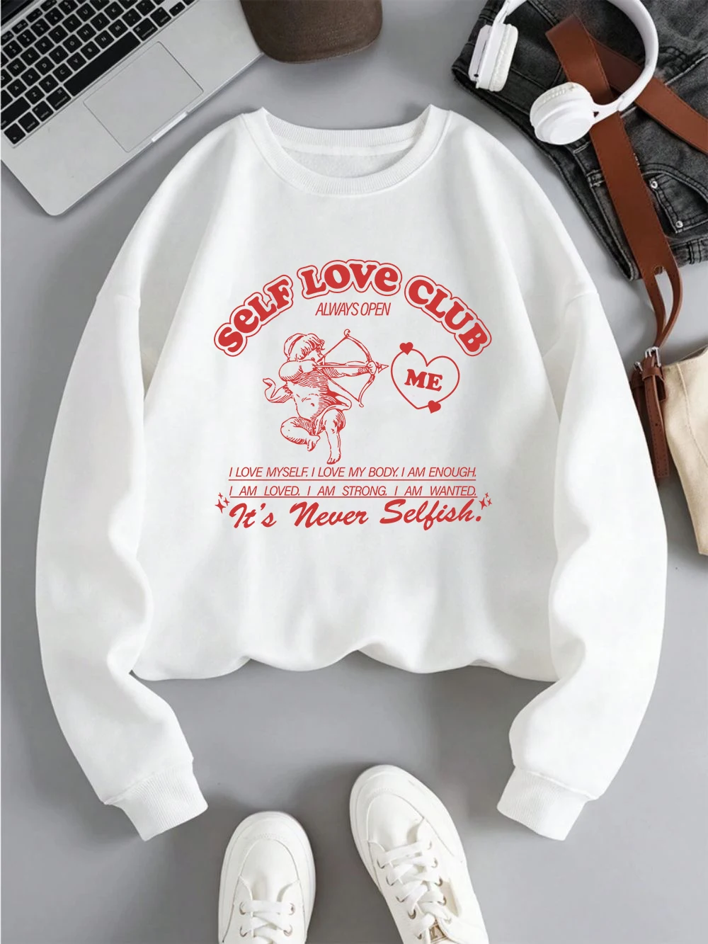 Cartoons Womans Hoodie Self Love Club Cupid Printing Sweatshirt Fleece Comfortable Crewneck Pullover Fashion Female Sportswear