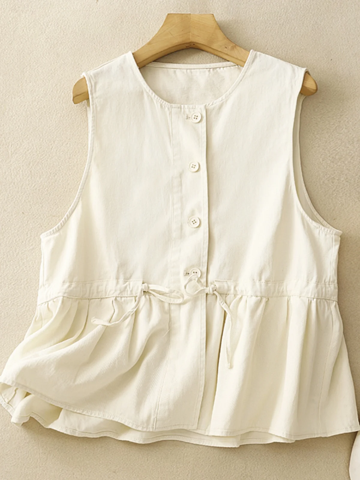 

Свободный хлопковый жилет женский, весна-осень, новинка, из чистого хлопка, с поясом, в стиле «девочковый», модный, универсальный, круглый вырез...