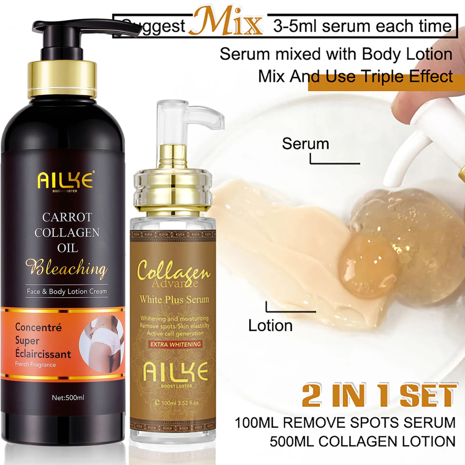 AILKE-Kit blanqueador de colágeno, hidratante, hidratación, crema para eliminar manchas oscuras, loción corporal iluminadora, crema blanqueadora de