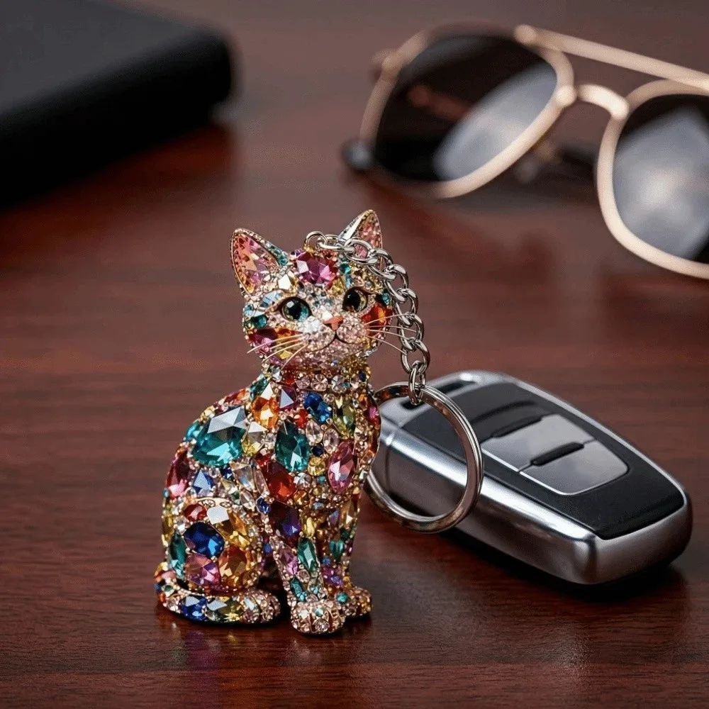Acrylic Cute Rhinestone Cat Keychain Kitten Hanging Ornament Key Ring Car Bag Keychain Gemstone Cat Gifts
