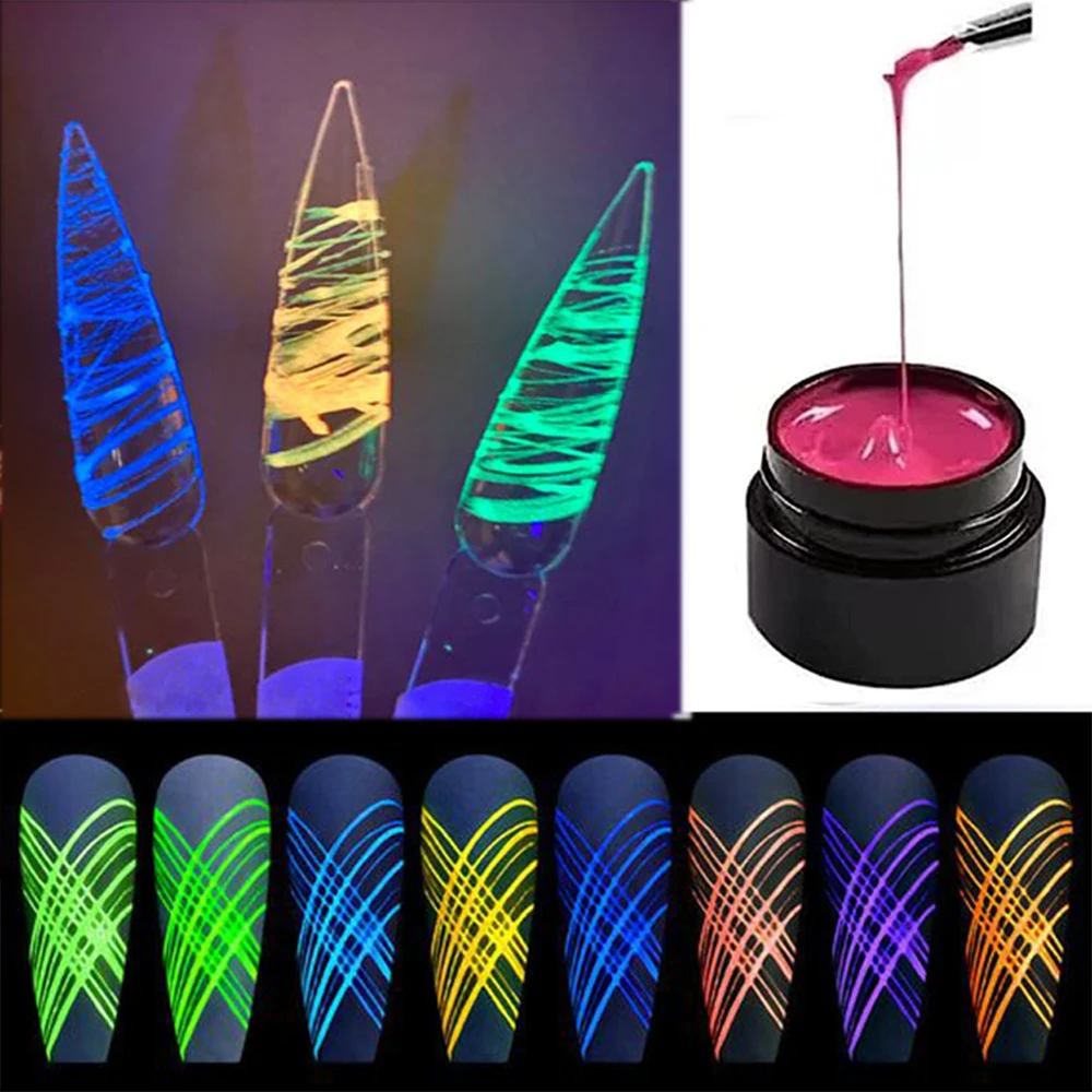 

8g/Jar Glow In The Dark Spider Gel Nail 14Color Reflective Elastic Wire Drawing Glue Fluorescent Effect Disco nail gel Polish*(*