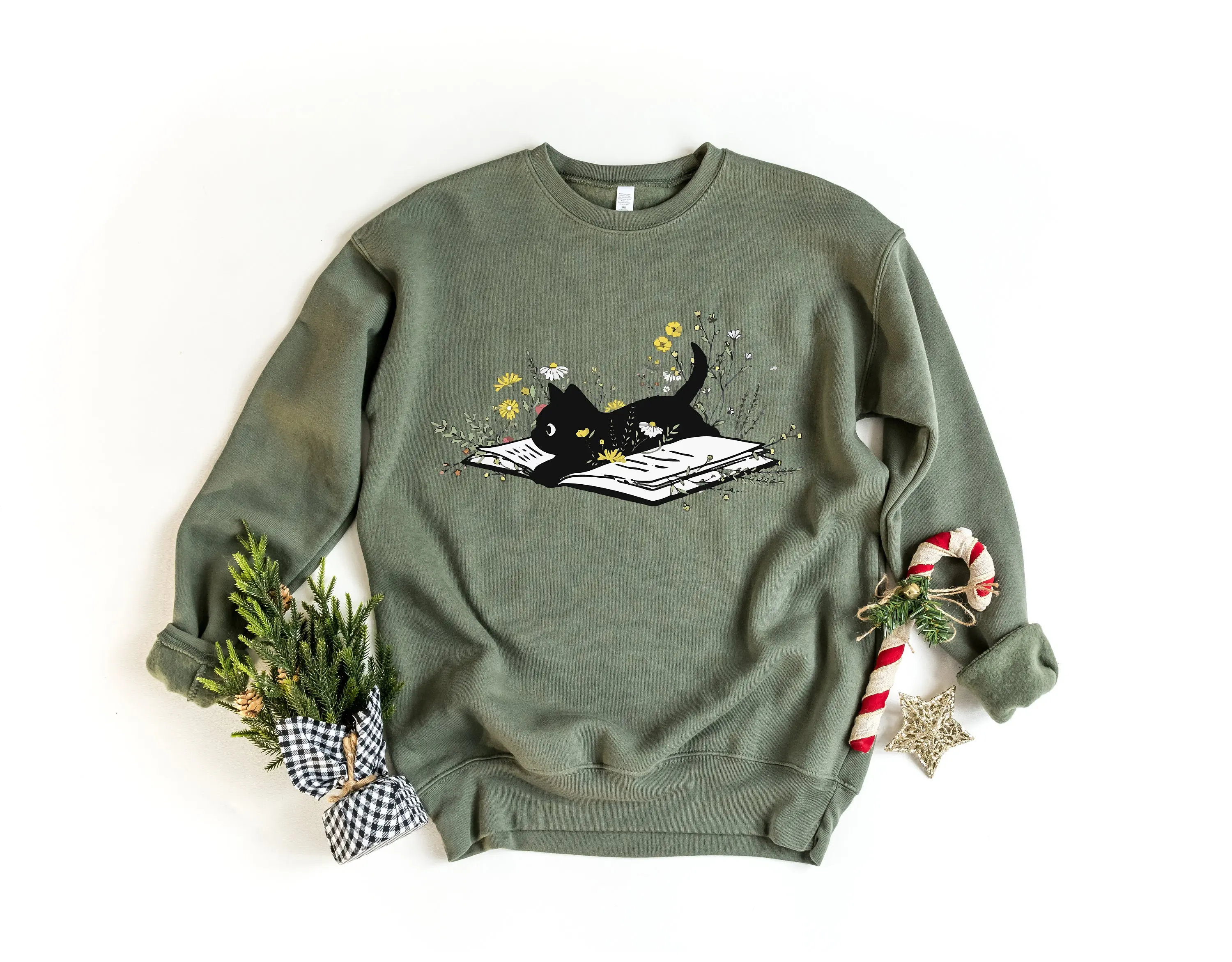 Cute Book Cat Cotton Print Sweatshirt 2024 Fashion Librarian\'s Favorite Female Sweater 2024 Voguish Gift for Floral Book Shirt