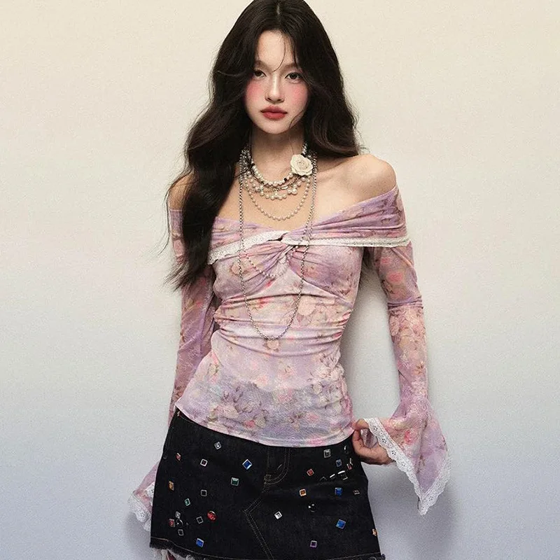 American Style Spicy Girl One Shoulder Flower Print Lotus Leaf Lace Border Mesh Long Sleeved Top 2025 Summer New Item