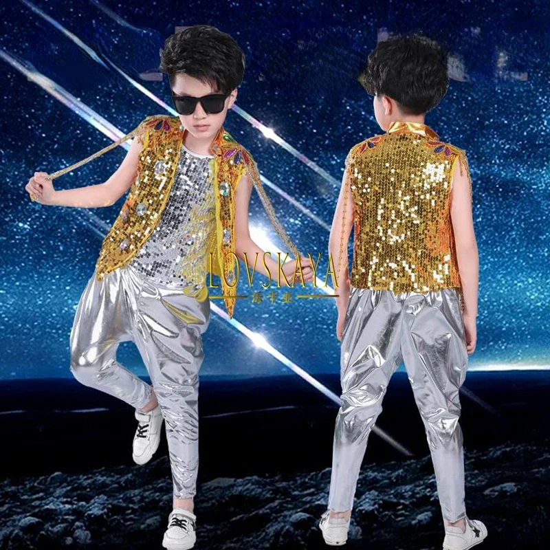 Sequined Hip Hop Outfits Girls Jazz Tap Dancing Tops Pants Boy Child Dance Stage Ballroom Party Dancewear Costumes