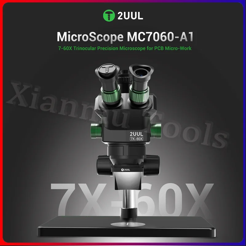 

2UUL MC7060-A1 Trinocular Microscope with Large Base for Mobile Phone Motherboard PCB Welding Repair 7-60X Zoom Microscope